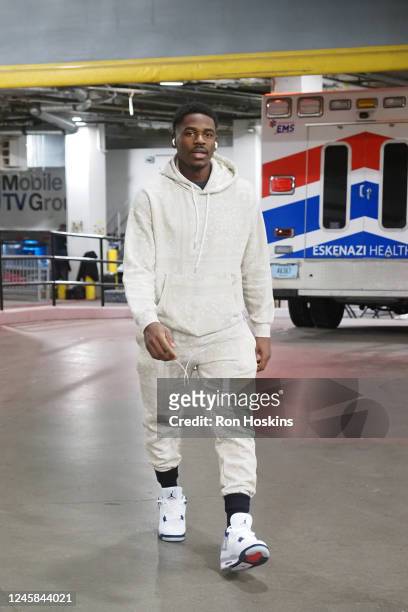 Aaron Holiday of the Atlanta Hawks arrives to the arena before the game against the Indiana Pacers on December 27, 2022 at Gainbridge Fieldhouse in...