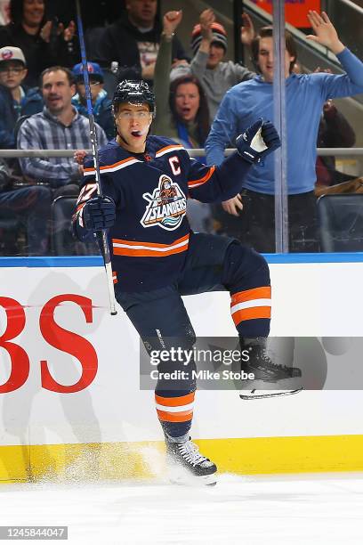 Anders Lee of the New York Islanders celebrates after scoring a goal against the Pittsburgh Penguins during the first period at UBS Arena on December...