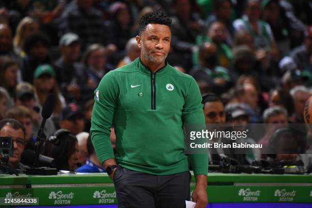 Assistant Coach Damon Stoudamire of the Boston Celtics looks on during the game against the Houston Rockets on December 27, 2022 at the TD Garden in...
