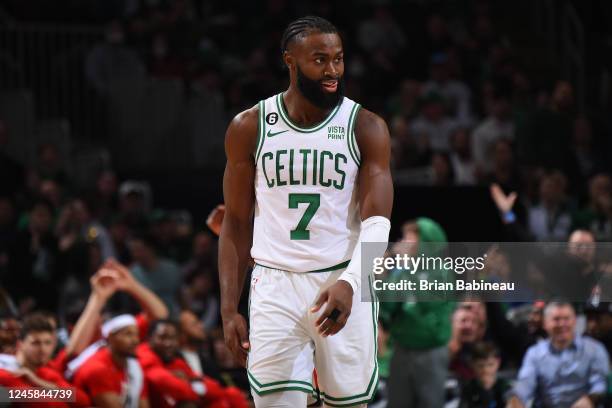 Jaylen Brown of the Boston Celtics celebrates during the game against the Houston Rockets on December 27, 2022 at the TD Garden in Boston,...