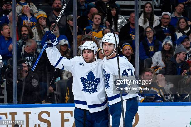 Calle Jarnkrok of the Toronto Maple Leafs is congratulated after scoring a goal against the St. Louis Blues at the Enterprise Center on December 27,...