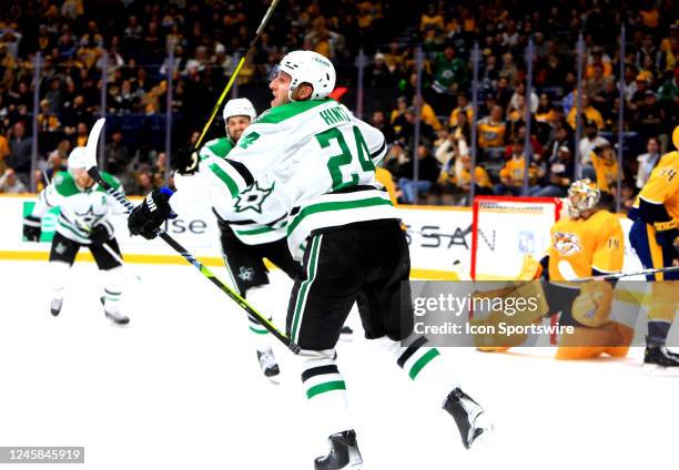 Dallas Stars center Roope Hintz celebrates his game-winning goal in the final minute of the NHL game between the Nashville Predators and Dallas...