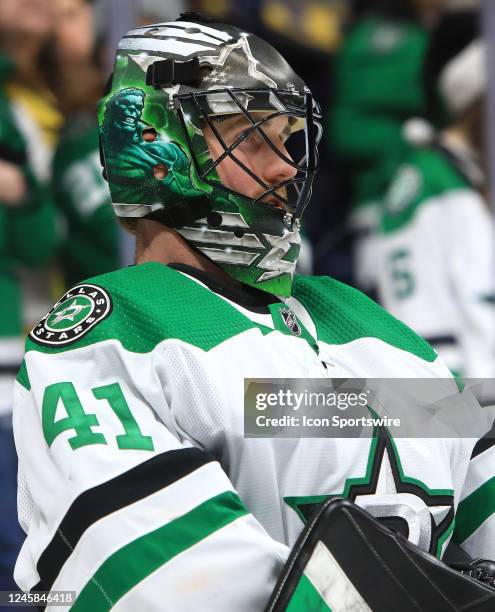 The artwork on the mask of Dallas Stars goalie Scott Wedgewood is shown prior to the NHL game between the Nashville Predators and Dallas Stars, held...