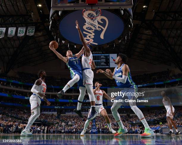 Luka Doncic of the Dallas Mavericks drives to the basket during the game against the New York Knicks on December 27, 2022 at the American Airlines...