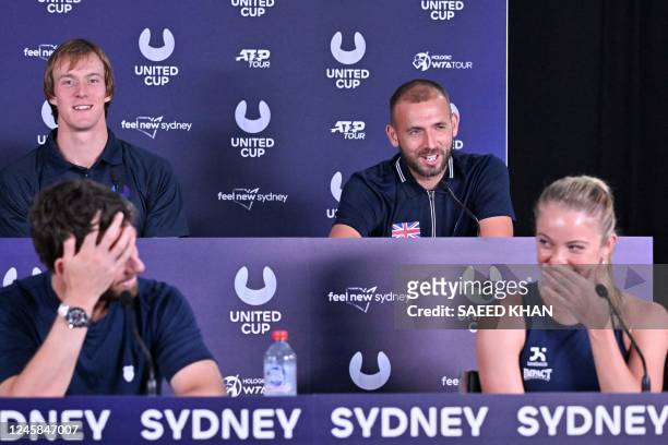Dan Evans of Britain attends a press conference with teammates at the Tennis Centre in Sydney on December 28 ahead of the United Cup tennis...