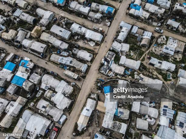 An aerial view of Ataa Refugee Camp, where civilians are displaced by the attacks of Bashar Assad regime as they struggle with harsh winter...