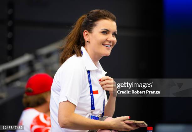 Team captain Agnieszka Radwanska of Poland watches Iga Swiatek of Poland during practice ahead of the United Cup at Pat Rafter Arena on December 28,...