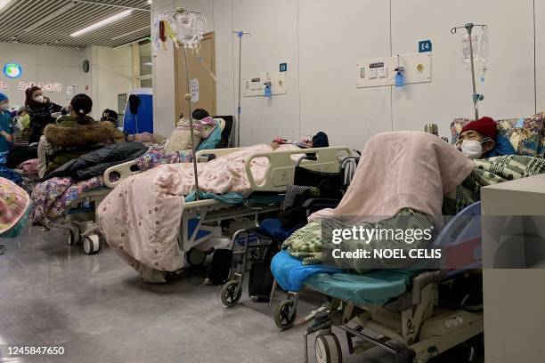 This picture shows Covid-19 patients on beds at Tianjin Nankai Hospital in Tianjin on December 28, 2022. - Cities across China have struggled with...