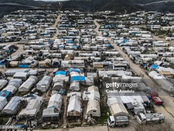 An aerial view of Ataa Refugee Camp, where civilians are displaced by the attacks of Bashar Assad regime as they struggle with harsh winter...