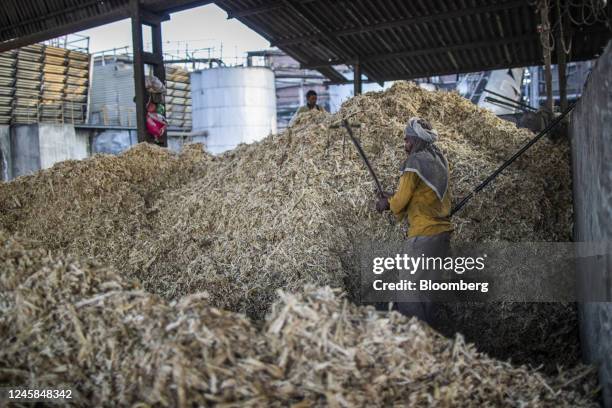 Worker loads coal and sugarcane bagasse at a steam boiler unit at Bindlas Duplux Ltd., paper mill in Muzaffarnagar District, Uttar Pradesh, India, on...
