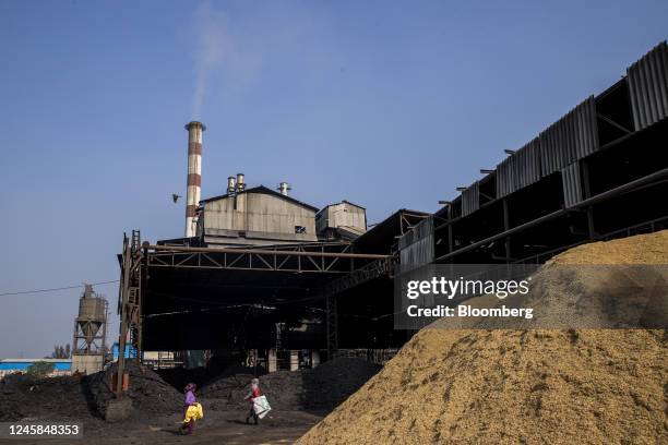Piles of rice husk, right, and coal at Genus Paper & Boards Ltd., paper mill in Muzaffarnagar District, Uttar Pradesh, India, on Saturday, Nov. 19,...