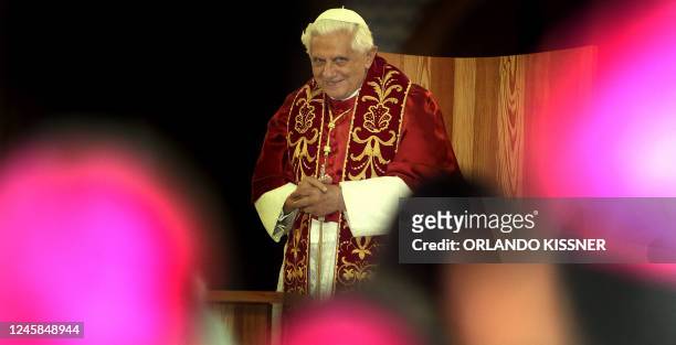 Pope Benedict XVI attends the recitation of the rosary ceremony at the Aparecida Sanctuary, in Aparecida, Sao Paulo, Brazil, 12 May 2007. On Sunday,...