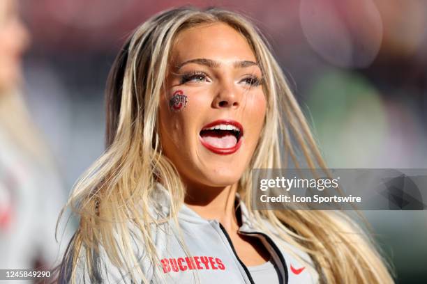 Member of the Ohio State Buckeyes dance team on the sideline during the second quarter of the college football game between the Michigan Wolverines...