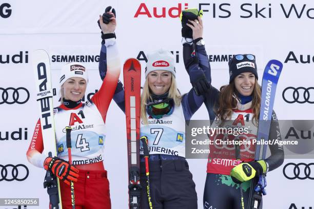 Lara Gut-behrami of Team Switzerland takes 2nd place, Mikaela Shiffrin of Team United States takes 1st place, Marta Bassino of Team Italy takes 3rd...