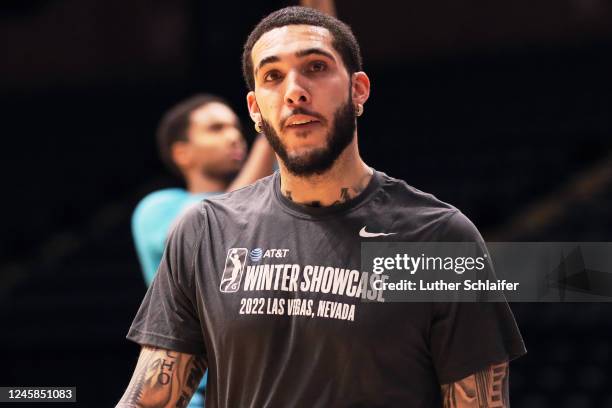 LiAngelo Ball of the Greensboro Swarm looking on during pregame warm ups against the Long Island Nets on December 27, 2022 in Uniondale, NY. NOTE TO...