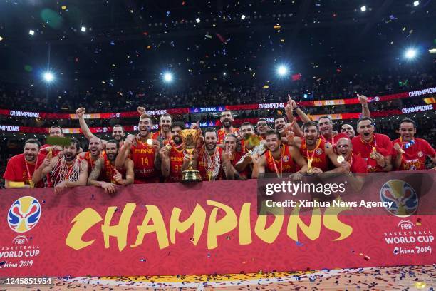 File photo taken on Sept. 15, 2019 shows team Spain celebrate during the awarding ceremony after the final match between Spain and Argentina at the...