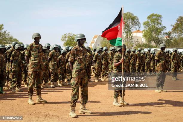 Soldiers of the South Sudan People's Defence Forces are seen at a ceremony ahead of their deployment to the Democratic Republic of Congo after their...