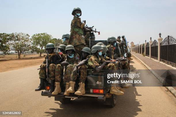 Soldiers of the South Sudan People's Defence Forces prepare to be deployed to the Democratic Republic of Congo after their departure ceremony at the...