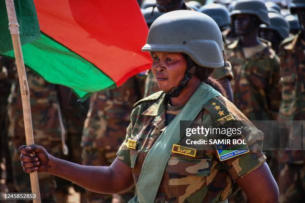 Soldiers of the South Sudan People's Defence Forces are seen at a ceremony ahead of their deployment to the Democratic Republic of Congo after their...