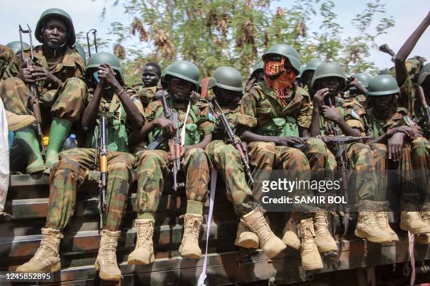 Soldiers of the South Sudan People's Defence Forces prepare to be deployed to the Democratic Republic of Congo after their departure ceremony at the...