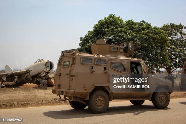 Soldiers of the South Sudan People's Defence Forces prepare to be deployed to the Democratic Republic of Congo after their departure ceremony at the...