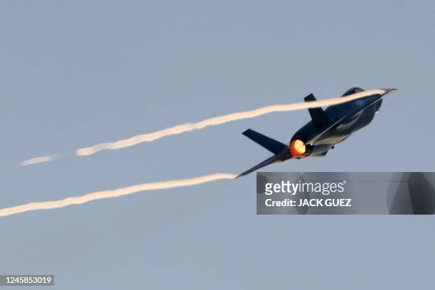 An Israeli Air Force F-35 Lightning II fighter jet performs during a graduation ceremony of Israeli Air Force pilots, at the Hatzerim base in the...