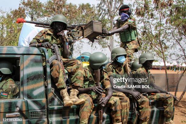 Soldiers of the South Sudan People's Defence Forces prepare to be deployed to the Democratic Republic of Congo after their departure ceremony at the...