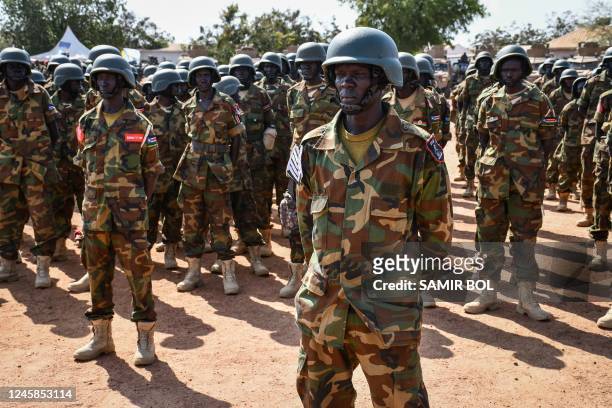 Soldiers of the South Sudan People's Defence Forces are seen at a ceremony ahead of their deployment to the Democratic Republic of Congo after their...