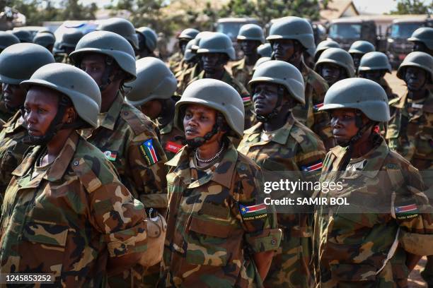 Soldiers of the South Sudan People's Defence Forces are seen at a ceremony ahead of their deployment to the Democratic Republic of Congo after their...