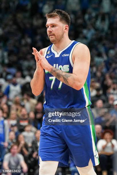 Luka Doncic of the Dallas Mavericks claps against the New York Knicks on December 27, 2022 at the American Airlines Center in Dallas, Texas. NOTE TO...