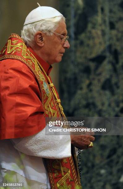 Pope Benedict XVI recites the rosary at the Madonna Del Rosario Basilica, the Marian Shrine of Pompei on October 19, 2008. Pope Benedict XVI paid a...