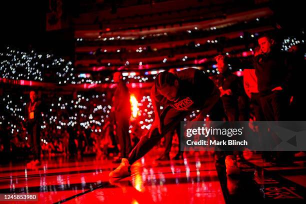Kawhi Leonard of the LA Clippers stretches before the game against the Toronto Raptors on December 27, 2022 at the Scotiabank Arena in Toronto,...
