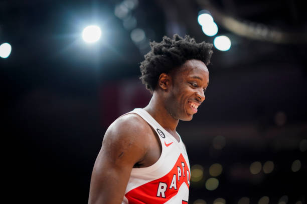 Anunoby of the Toronto Raptors smiles before the game against the LA Clippers on December 27, 2022 at the Scotiabank Arena in Toronto, Ontario,...