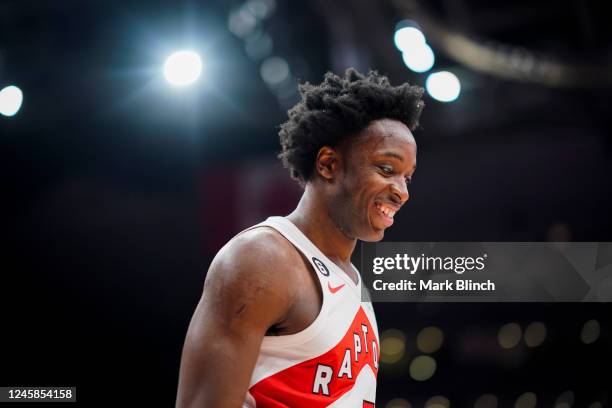 Anunoby of the Toronto Raptors smiles before the game against the LA Clippers on December 27, 2022 at the Scotiabank Arena in Toronto, Ontario,...