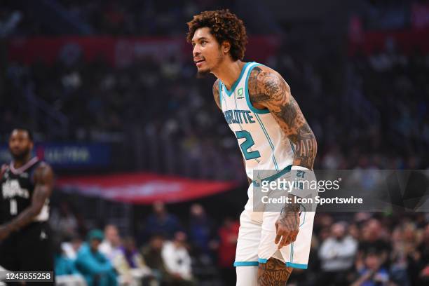 Charlotte Hornets Guard Kelly Oubre Jr. Looks on during a NBA game between the Charlotte Hornets and the Los Angeles Clippers on December 21, 2022 at...