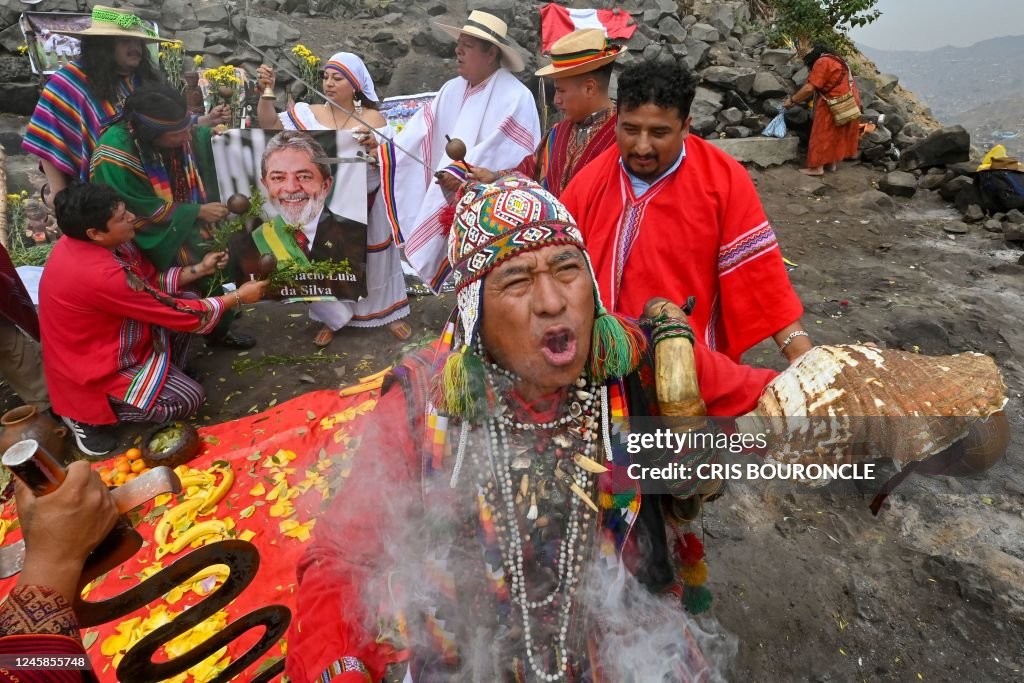 Peru Ritual Peruvian shamans equipped with coca leaves, swords, smoking ceramic ...