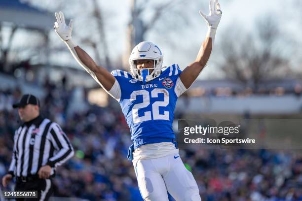 Duke Blue Devils running back Jaylen Coleman celebrates after Duke Blue Devils scores a touchdown during the Military Bowl between the UCF Knights...