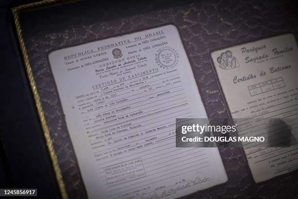 Picture of the birth certificate and baptism certificate of Brazil's football legend Edson Arantes do Nascimento 'Pele' taken at the Terra do Rei...