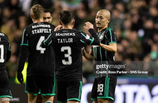 Celtic's Daizen Maeda celebrates as he makes it 2-0 during a cinch Premiership match between Hibernian and Celtic at Easter Road, on December 28 in...