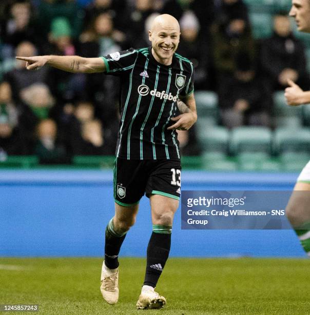 Celtic's Aaron Mooy celebrates making it 1-0 during a cinch Premiership match between Hibernian and Celtic at Easter Road, on December 28 in...