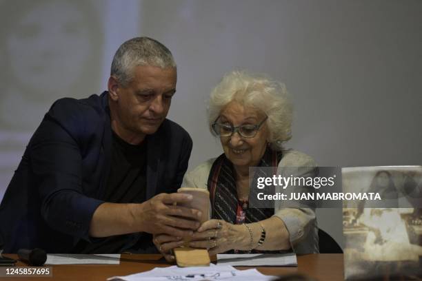 The president of Abuelas de Plaza de Mayo, Estela de Carlotto , and Argentina's Human Rights Secretary, Horacio Pietragalla, talk by video call with...