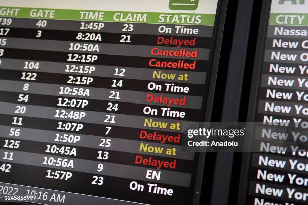 Flight status board displays delayed and cancelled flights during the busy Christmas holiday season at Orlando International Airport on December 28,...