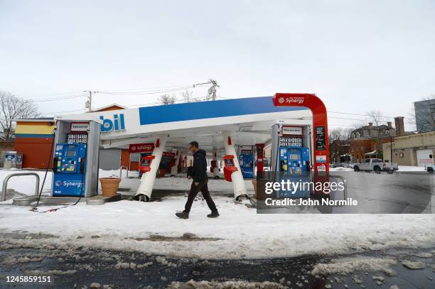 Gas station canopy is collapsed along Niagara Street in downtown Buffalo on December 28, 2022 in Buffalo, New York. The historic Winter Storm Elliott...