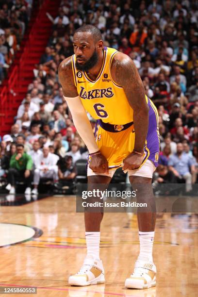 LeBron James of the Los Angeles Lakers looks on during the game against the Miami Heat on December 28, 2022 at FTX Arena in Miami, Florida. NOTE TO...