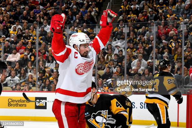 Dylan Larkin of the Detroit Red Wings celebrates his second period goal against the Pittsburgh Penguins at PPG PAINTS Arena on December 28, 2022 in...