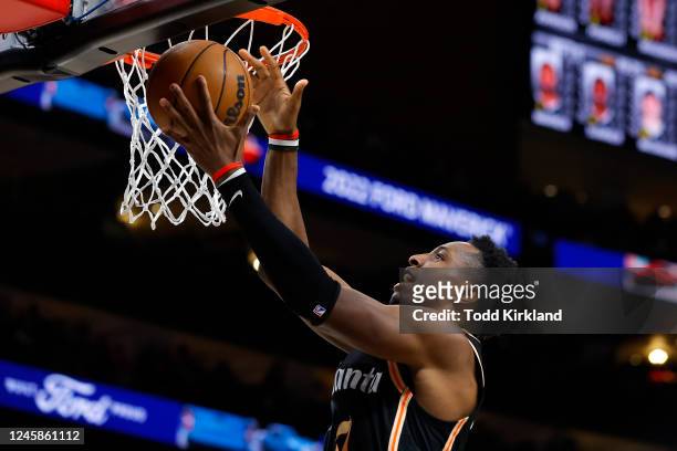 Onyeka Okongwu of the Atlanta Hawks goes up for a layup during the second half against the Brooklyn Nets at State Farm Arena on December 28, 2022 in...