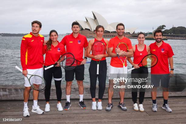 Team Spain players Pablo Carreno Busta, Jessica Bouzas Maneiro, David Vega Hernandez, Paula Badosa, Rafael Nadal, Nuria Parrizas Diaz and team coach...