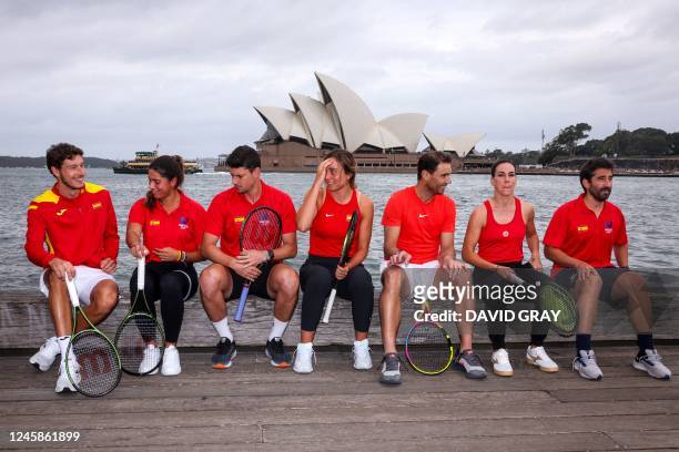 Team Spain players Pablo Carreno Busta, Jessica Bouzas Maneiro, David Vega Hernandez, Paula Badosa, Rafael Nadal, Nuria Parrizas Diaz and team coach...