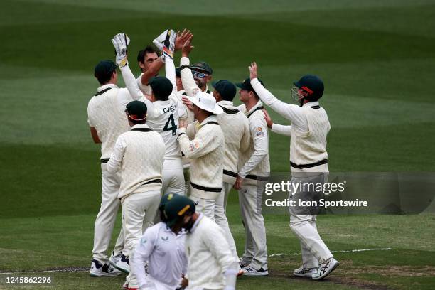 Australia celebrate a wicket during the Boxing Day Test Match between Australia and South Africa at The Melbourne Cricket Ground on December 29, 2022...