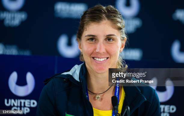 Beatriz Haddad Maia of Brazil talks to the media after defeating Martina Trevisan of Italy in the first round-robin match on Day 1 of the United Cup...